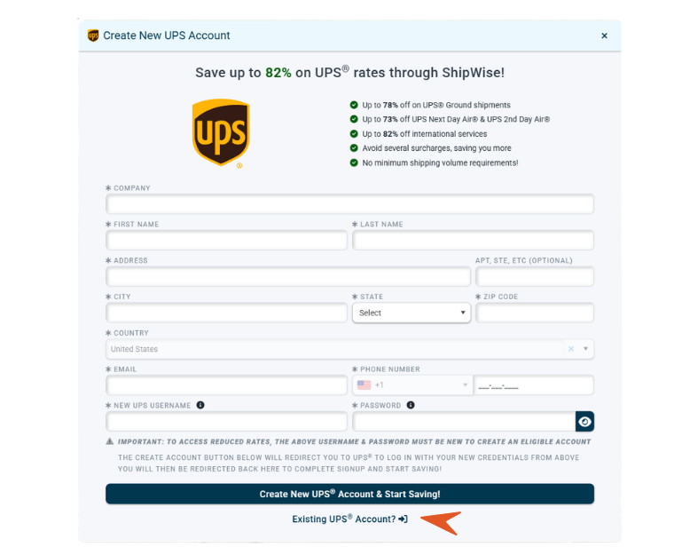 Existing UPS Account Setup